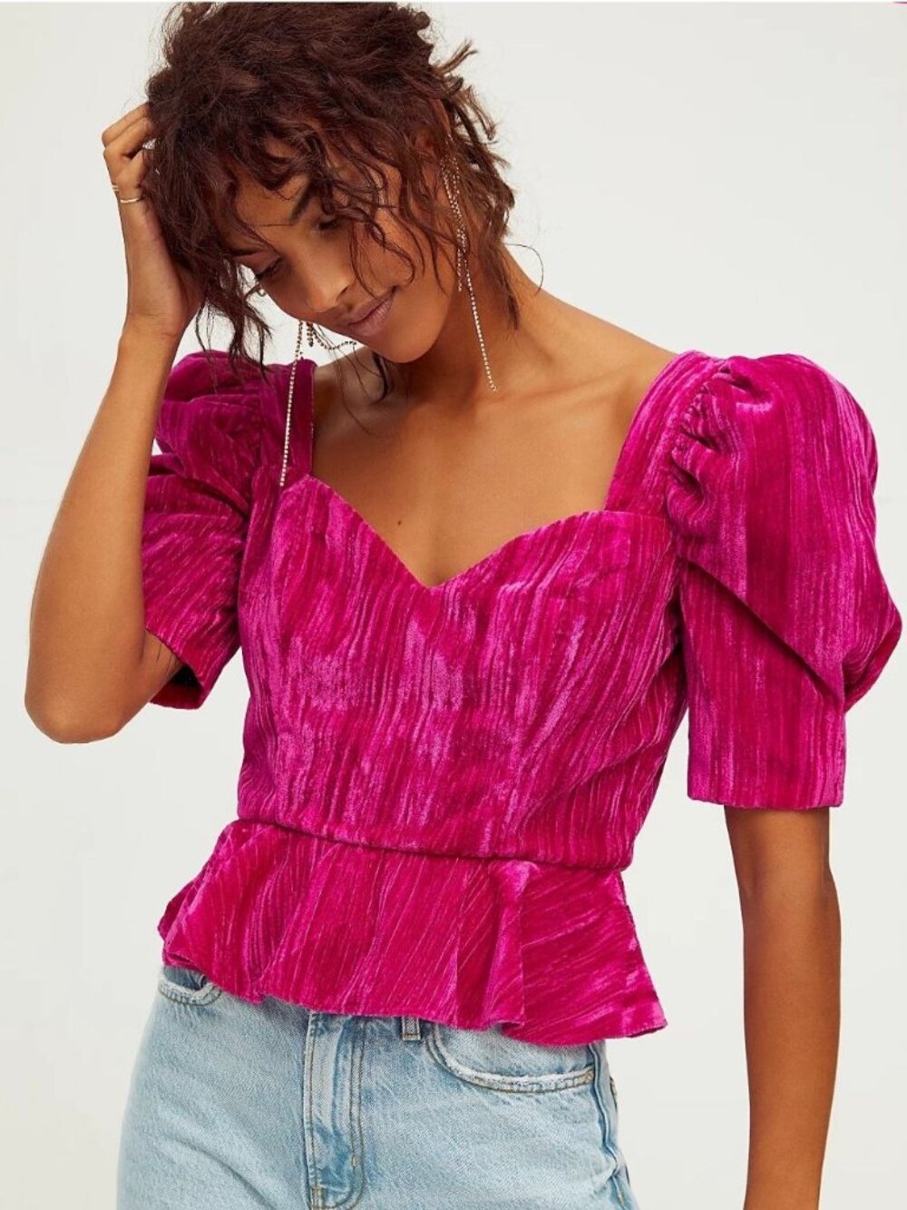 Saylor x Free People Christa Velvet Peplum Top Small Fuchsia Puff Sleeve